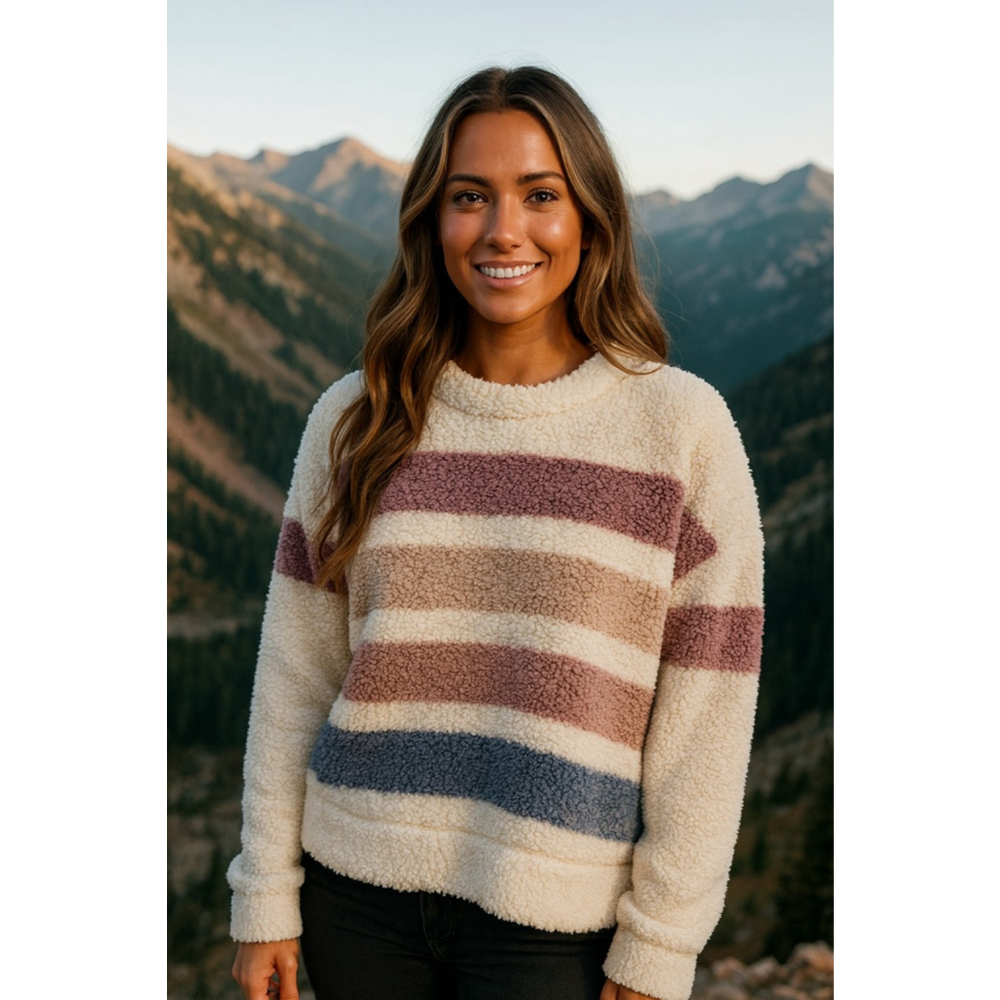TS Sherpa Teddy Boucle Pullover Sweater Buttery Soft Striped Fleece Winter Cozy